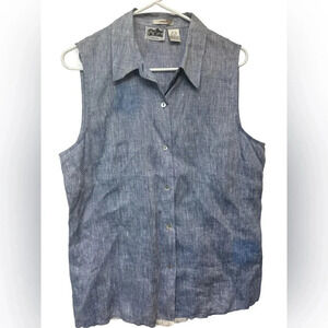 Edward Irish linen blue sleeveless collared button down shirt